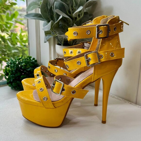 Yellow Patent Leather Buckle Straps Sexy Stiletto Platform High Heel Pumps Sz 7 - Picture 2 of 8